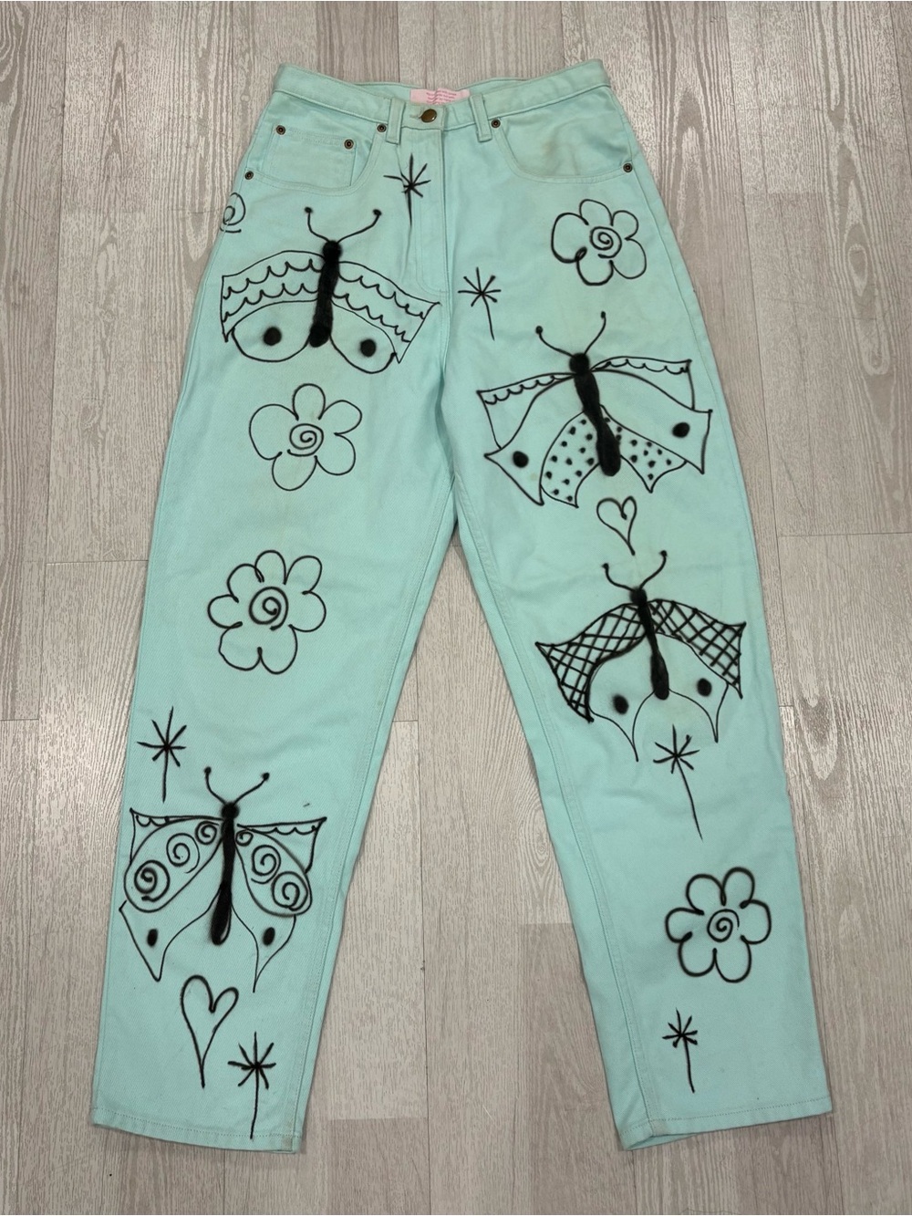 Hand-Painted Light Aqua Women's Jeans with Black Butterfly Art